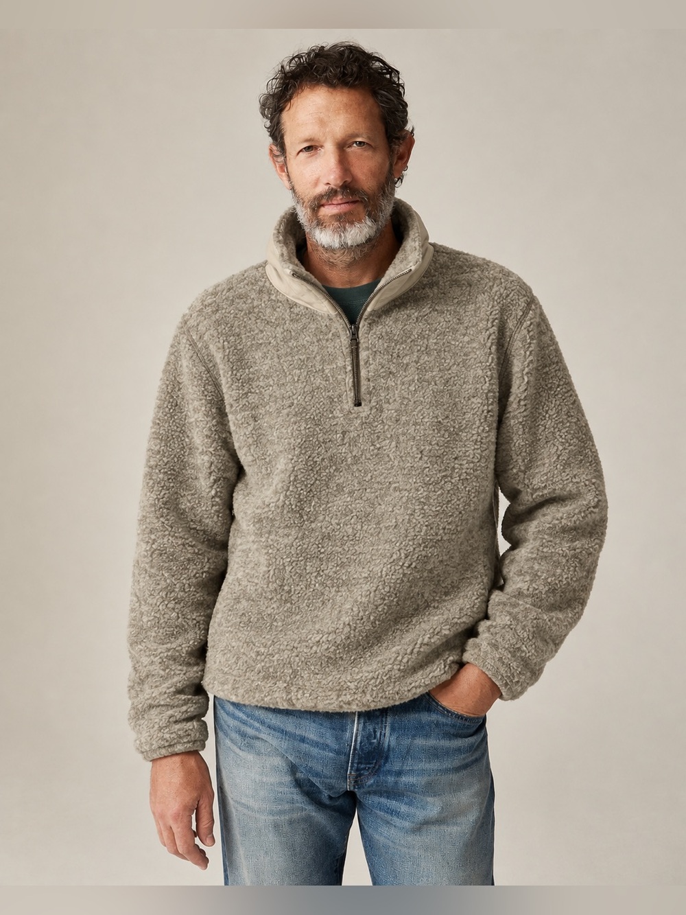 Vintage Mountain Pile Sherpa Fleece Neutral Tan Beige Quarter Zip Pullover M *J